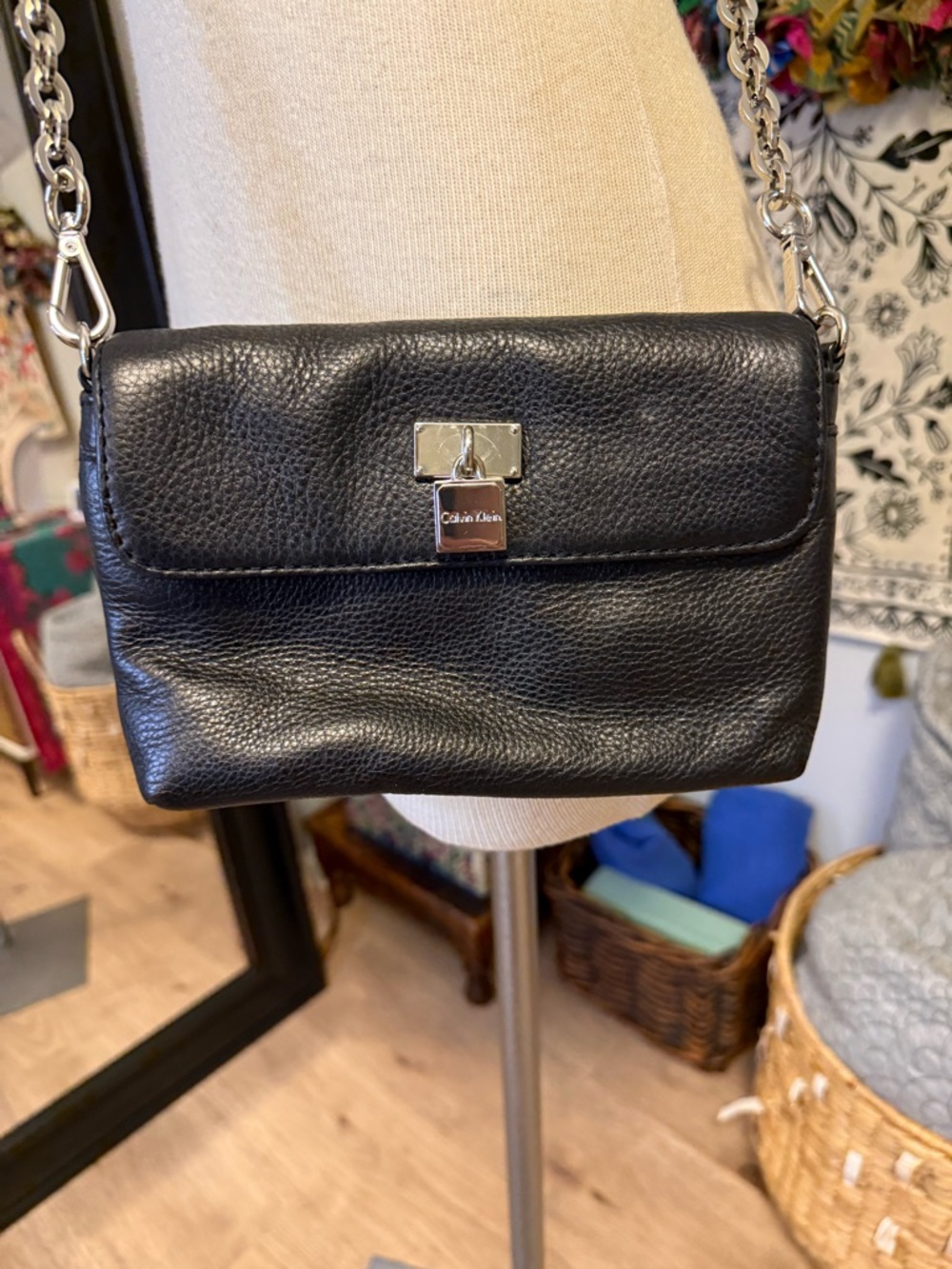 Calvin Klein Black Pebbled Leather Crossbody with Silver Chain
